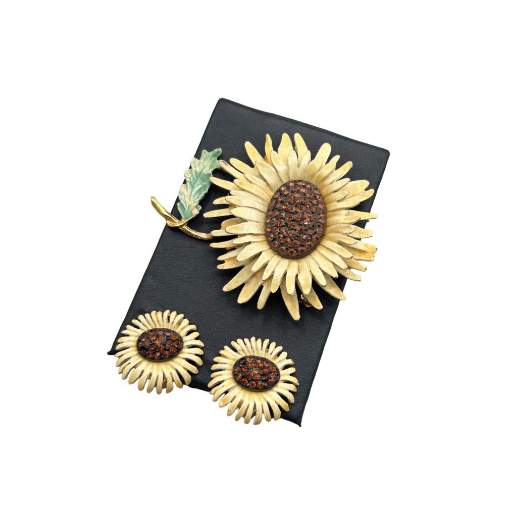 Vintage BSK Daisy Pin Brooch and Earrings Set Enamel Sunflowers and Rhinestones